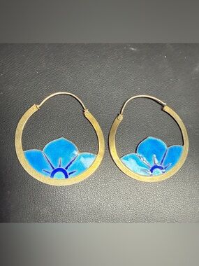 Vintage Sterling Silver Enamel Cloisonne 925 Blue Floral  Hoop Earrings